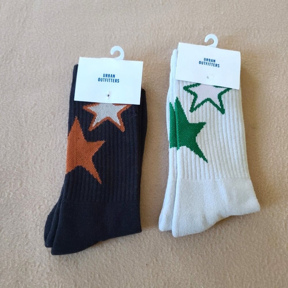 2 Pairs Urban Outfitters Ankle Crew Socks One Size Unisex Black White Stars NEW